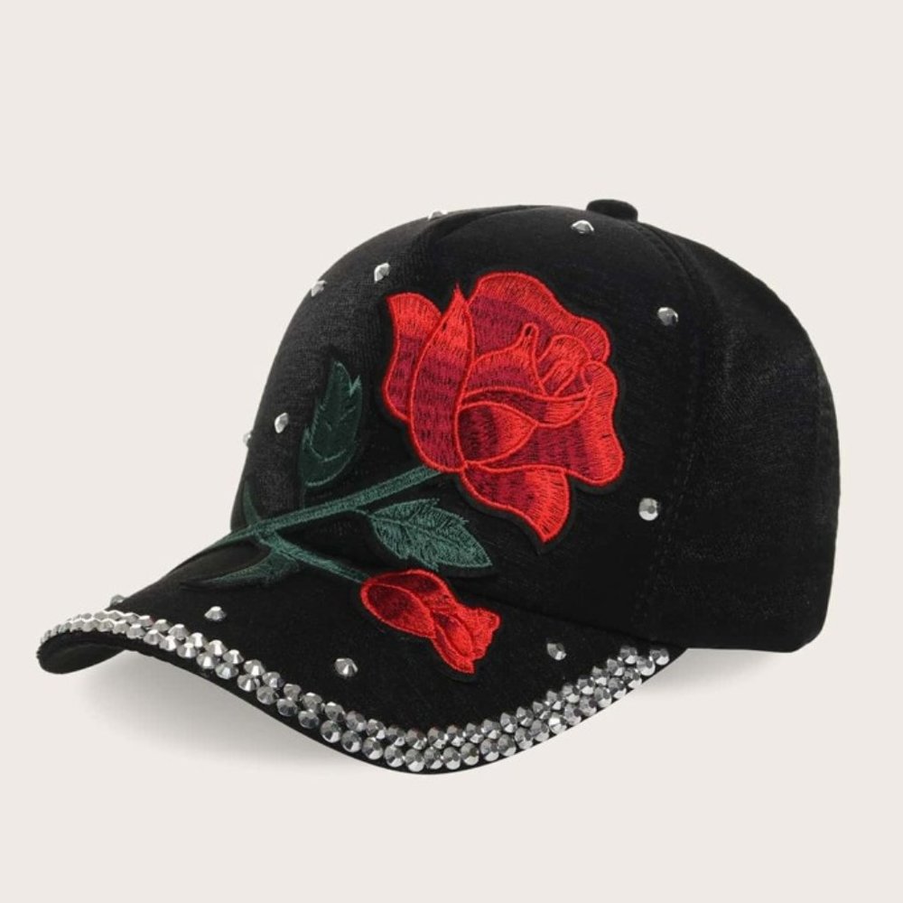 NEW ROSE & RHINESTONE ACCENTED BASEBALL CAP / ***2 CAPS FOR $25***